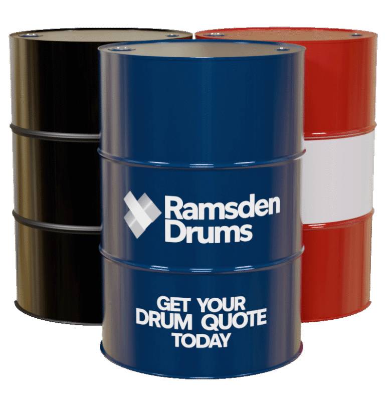 Three 205 litre steel drums, in an group of 3, all in different colours and some with printed designs on, to convey that the products are fully customisable.